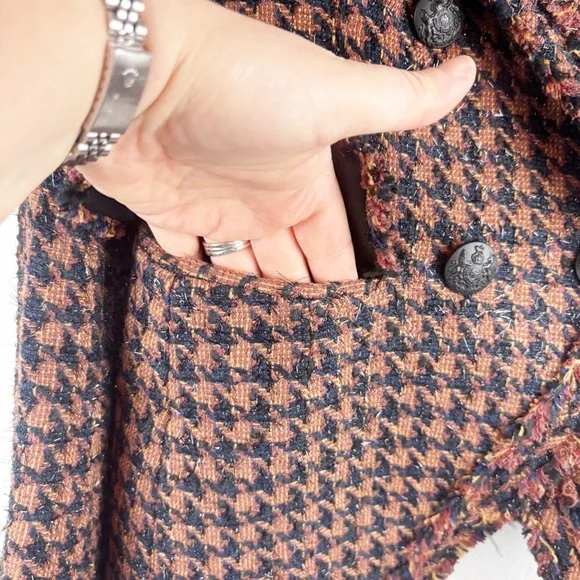 Veronica Beard Taja Houndstooth Plaid Tweed Double Breasted Blazer Jacket Black